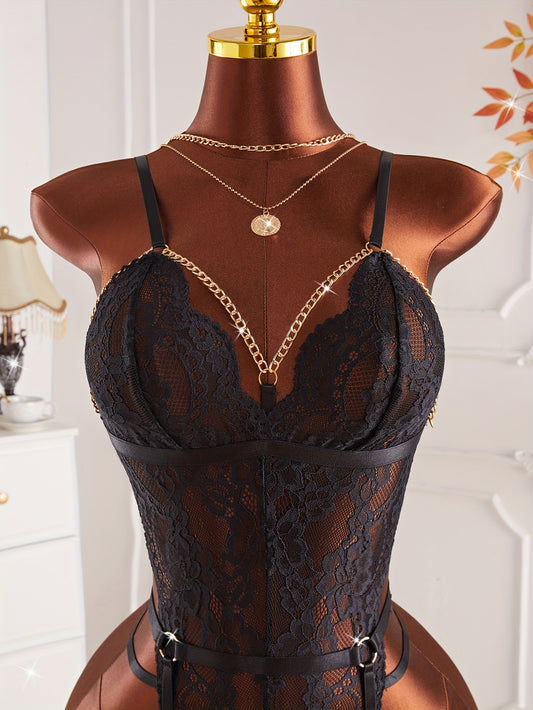 Black lace metal chain Romantic bodysuit, Deep V Hollow-Out Shaping Design Garter chain decoration Jumpsuit, Sexy and alluring lingerie