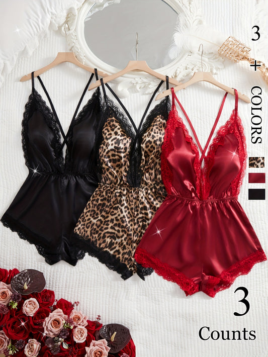 3pcs Solid Color Leopard Print Women's Erotic Pajamas Set, Deep V-neck Crossover Design Bodysuit for Backless Sexy Sleepwear