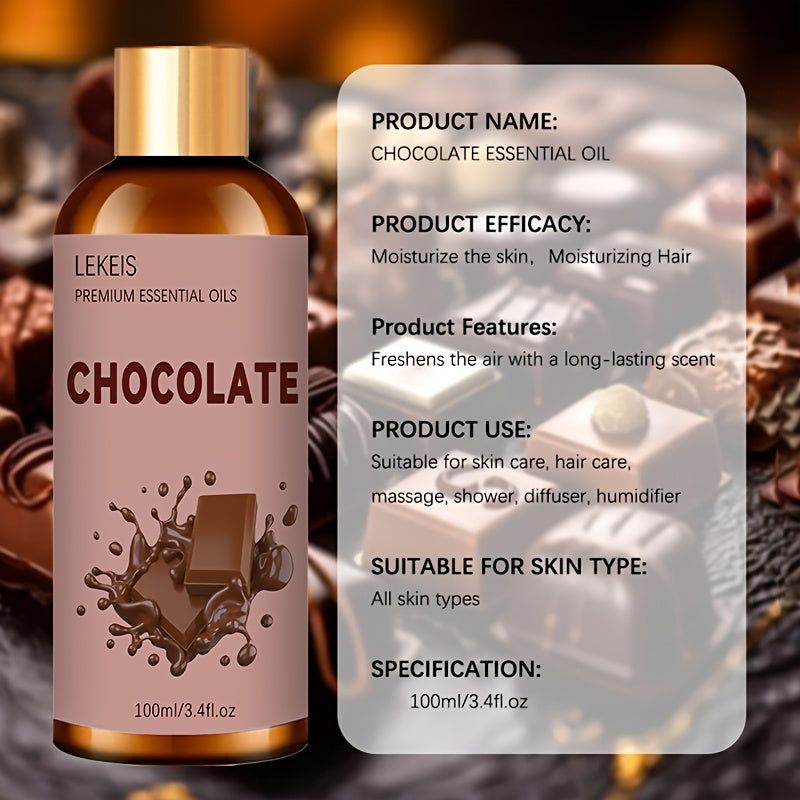 Chocolate Essential Oil, a Premium Moisturizing Care Oil Suitable for Face, Body, and Hair. Provides Long-lasting Fragrance with a Dry Finish, Suitable for All Skin Types. Multi-purpose Use: Massage, Diffusers, Humidifiers. 100ml/3.4fl.oz- 2pcs