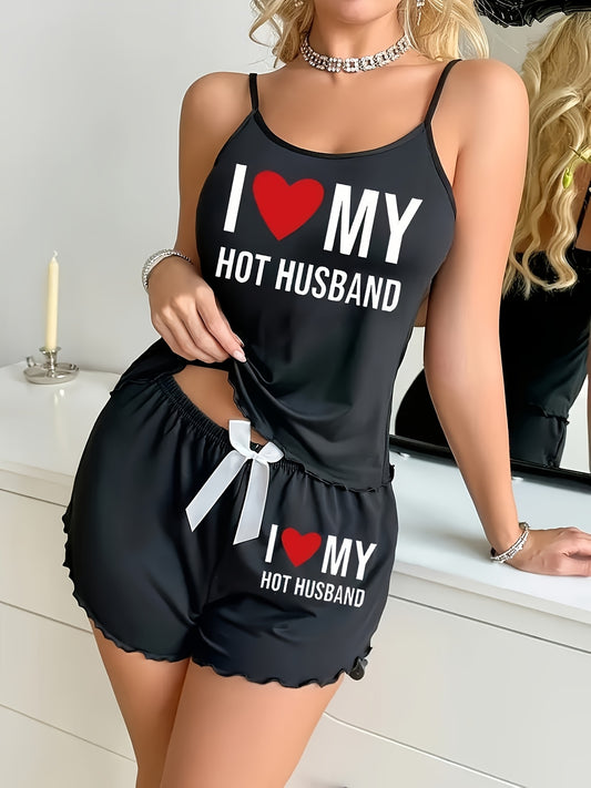 Women's "I Love My Hot Husband" Print Tank Top & Shorts Set - Black Casual Pajama or Loungewear with Butterfly Design, All-Season Comfort, Perfect for Adults, Relaxed Fit, Casual Wear | Playful Print | Butterfly Print, Husband Apparel