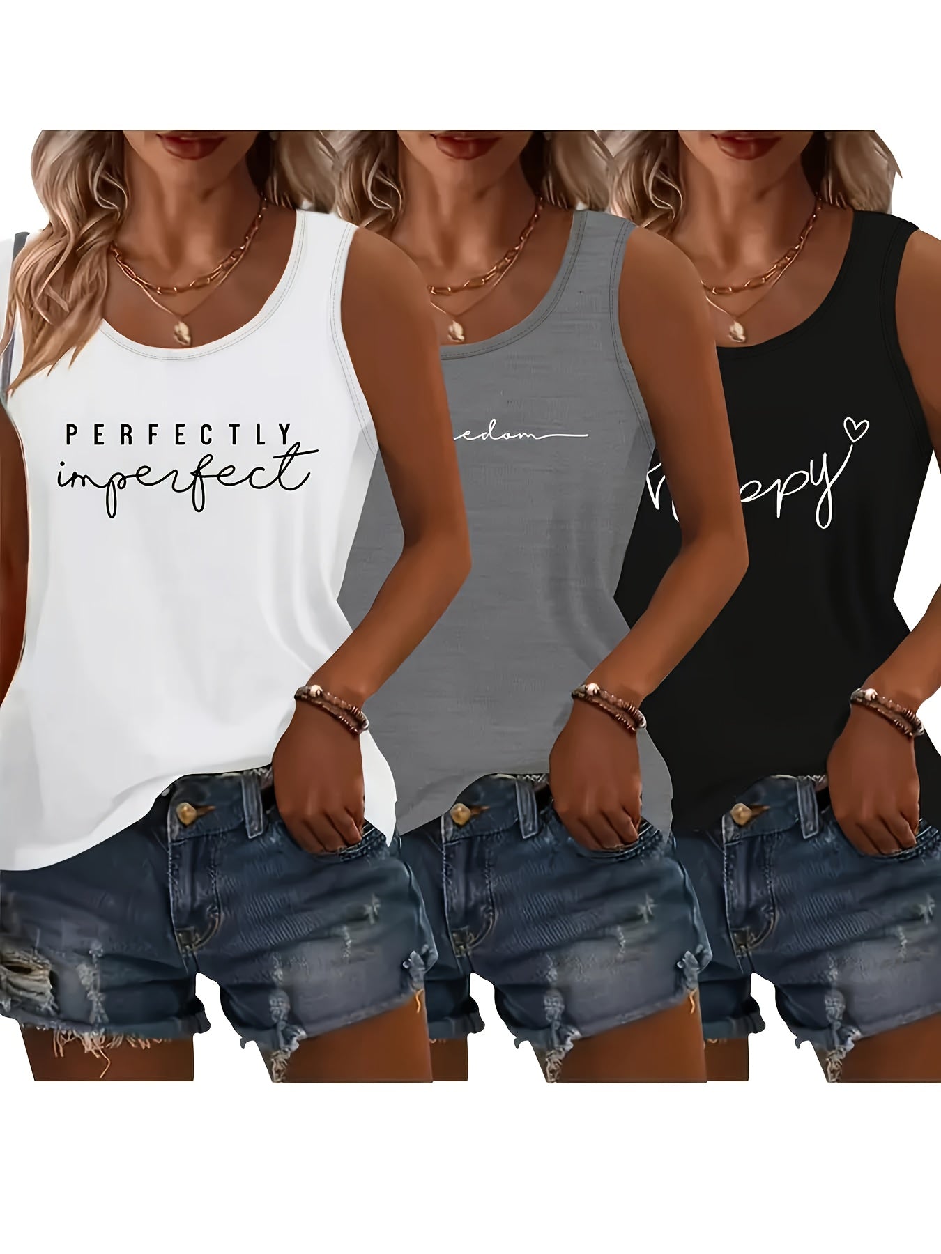 Xi Xi 3pcs Round Neck Tank Top, Summer Spring Loose Casual Women's Clothing