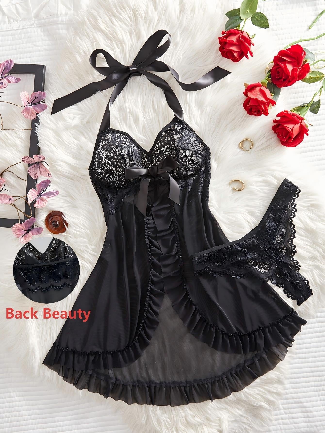 Gothic Style Black Floral Lace Halter Neck Backless Nightgown, Women's Backless Deep V Sheer Camisole Dress, Bold Clothing to Showcase Feminine Charm, Sexy Lingerie, Comfortable
