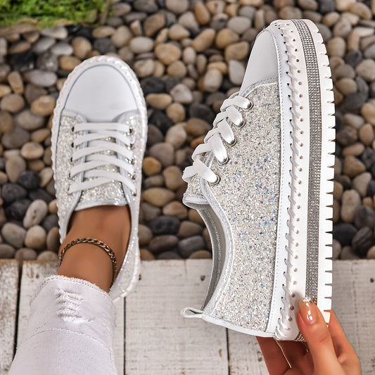 [Glitter Sneakers] Women's Glitter Sneakers - Slip-On Shoes with Thick Platform Sole, All-Season Casual Shoes for Everyday & Formal Events, Cushioned Insole & Non-Slip Rubber Outsole - Easy-Clean Ladies Sneakers, Ladies Sneakers, Versatile Footwear, Styl