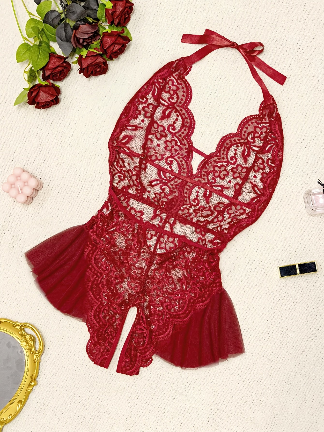 1pc Valentine'S Day Women'S Holiday sexy Fun Lingerie | Lace Open Perspective Burgundy Bodysuit with Contrast Lace Details