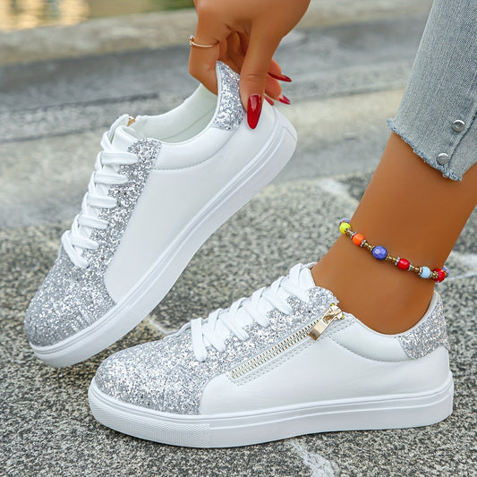 New Women's Fashion Casual Popular Vacation Silvery Versatile Breathable Lightweight Side-Zip Women's Shoes, Women Shoes, Sneakers